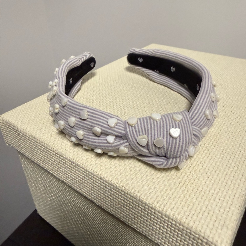 Purple and White Velvet Seersucker Pearl Heart Studded Headband